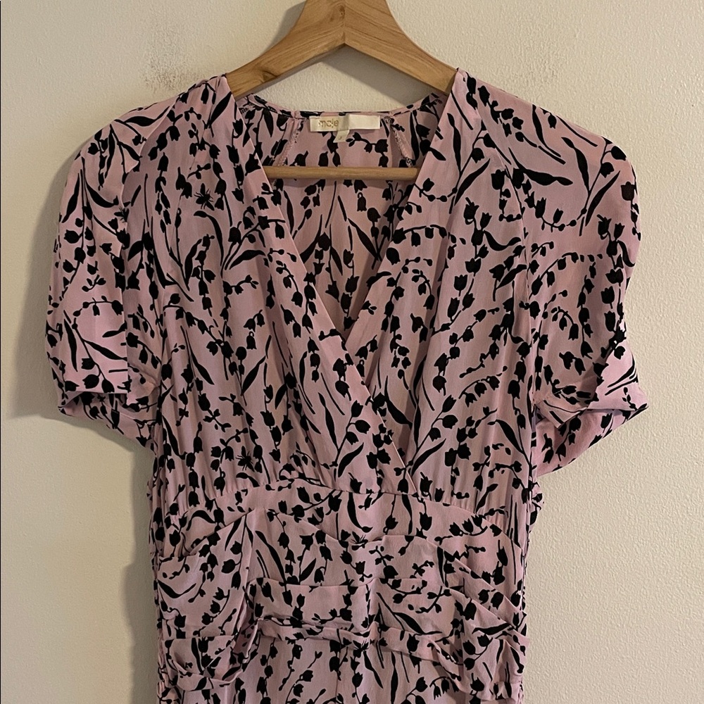 ✨Maje✨Rivara 100% Silk Floral Midi Dress sz Large Surplice Ruffle - Picture 4 of 15
